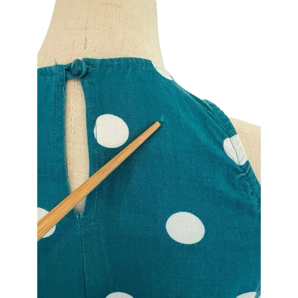 Vtg‎ 80s Brooks Atelier NY Teal Polka Dot Dress W/ Belt Halter Neck Xs Old Money